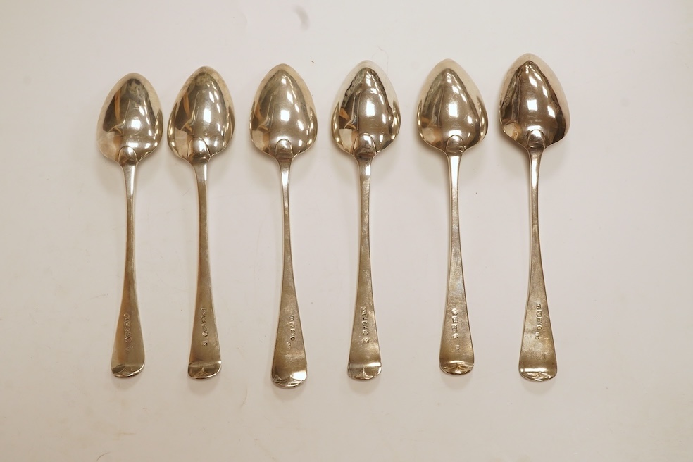 A set of six George III provincial silver table spoons by William Welch II, Exeter, 1807/8 & 1810, with engraved initials, 23cm, 12oz. Condition - fair to good